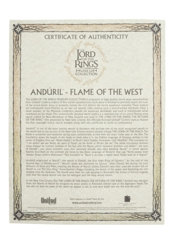 United Cutlery, Lord Of The Rings, Anduril Sværd, Museum Collection - Ægthedscertifikat