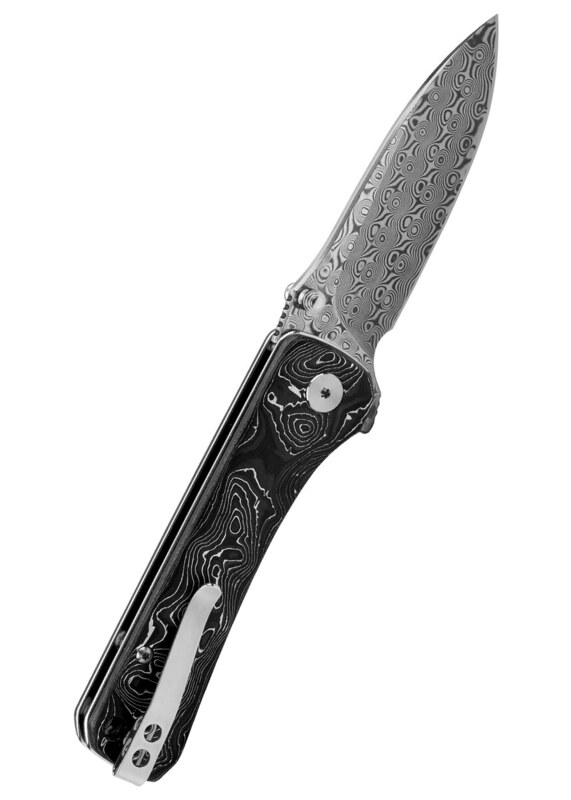 QSP Hawk Foldekniv – Damaskusstål og Carbon Fiber/Aluminium Greb - Bælteclips