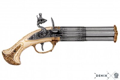 Denix, Replika Four-Barrel Flintlås Pistol, Frankrig 18' Århundrede